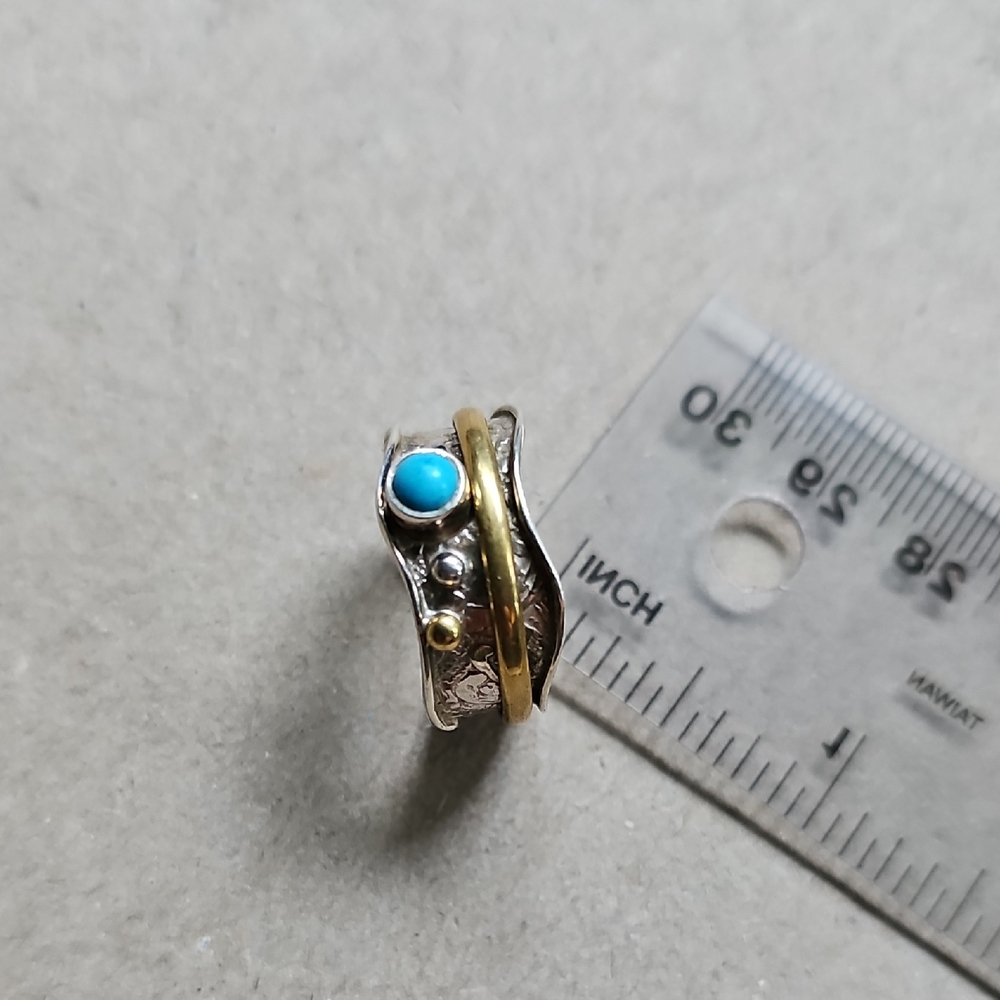 Silver and Gold Women's Ring with Turquoise Accent